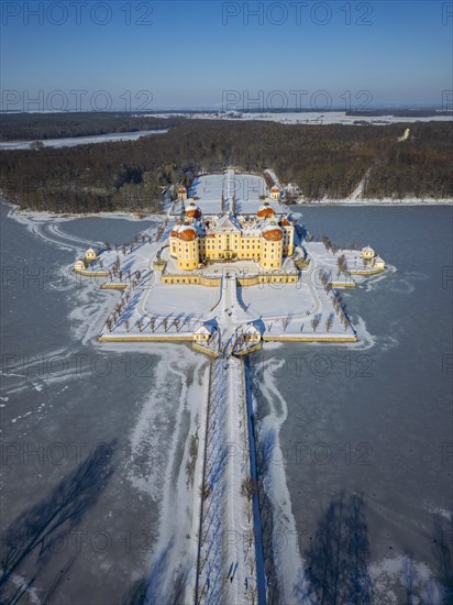 Moritzburg Castle on the castle island surrounded by the frozen castle pond, Moritzburg, Saxony,