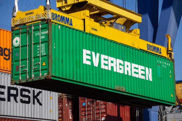 An Evergreen Line container is loaded in the port of Mannheim, Germany. Supply bottlenecks and a