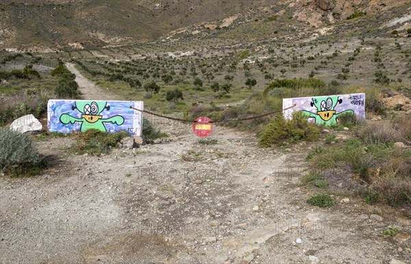 Old road now closed on route to Cala de San Pedro, Cabo de Gata Natural Park, Almeria, Spain,