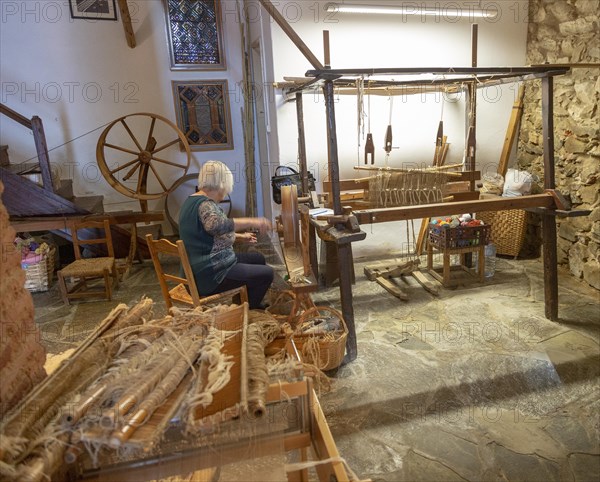 Traditional wool weaving craft workshop display and exhibition in village of Mertola, Baixo