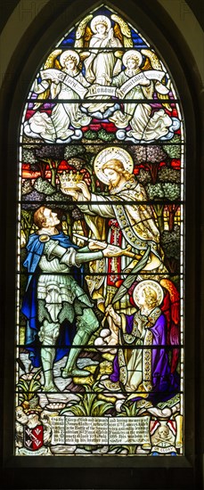 Stained glass window church East Woodhay, Hampshire, England, UK soldier receiving crown of life