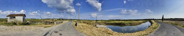 Lock, ditches and water basins in the landscape formerly for salt extraction and today for oyster