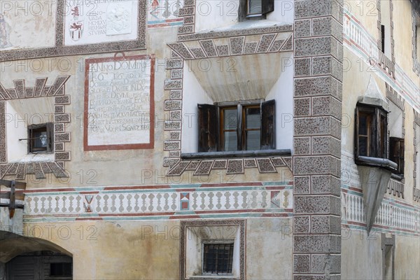 Oriel, window, historic house, sgraffito, facade decorations, Ardez, Engadin, Grisons, Switzerland,