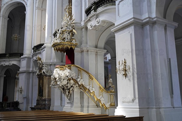 Pulpit, interior view of St Trinitatis Cathedral, altar, nave, Dresden, Free State of Saxony,