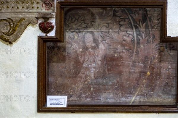 Historic interior of East Bergholt church, Suffolk, England, UK Easter Sepulchre medieval wall