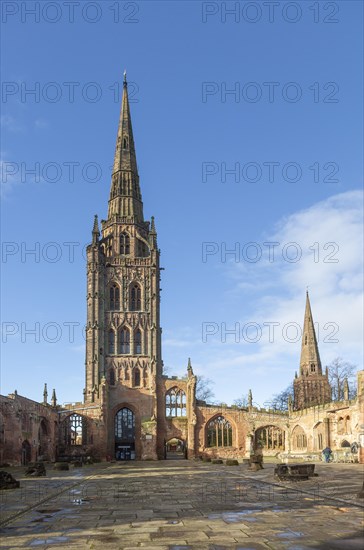 Ruins of church of Saint Michael, Coventry cathedral, West Midlands, England, UK bomb damage from