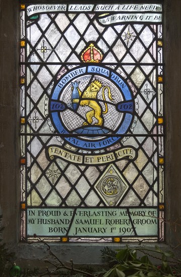 Church of Saint Mary, Chediston, Suffolk, England, UK stained glass window detail of 102 Bomber