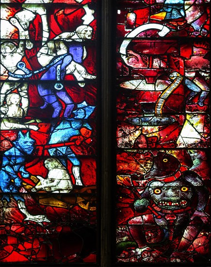 Ixteenth century stained glass windows inside church of Saint Mary, Fairford, Gloucestershire,