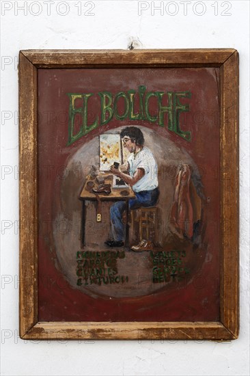 Painted sign for leather work craft products 'El Boliche', Frigiliana, Axarquia, Andalusia, Spain,