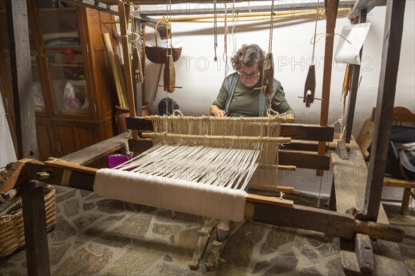 Traditional wool weaving craft workshop display and exhibition in village of Mertola, Baixo
