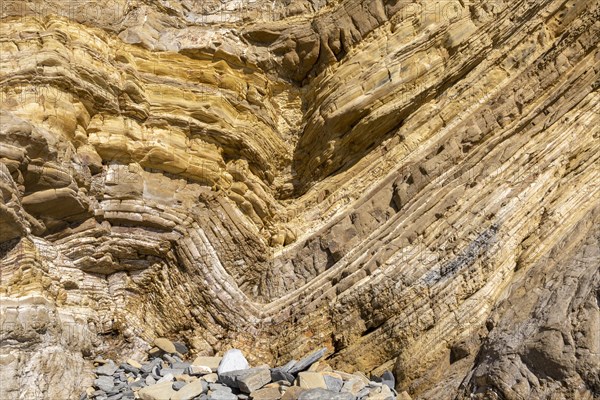 Strata of sandstone sedimentary rock in a coastal cliff with layers folded down to form a