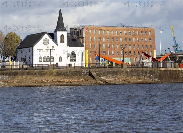 Historic waterfront Norwegian Church building, Cardiff Bay, Cardiff, South Wales, UK