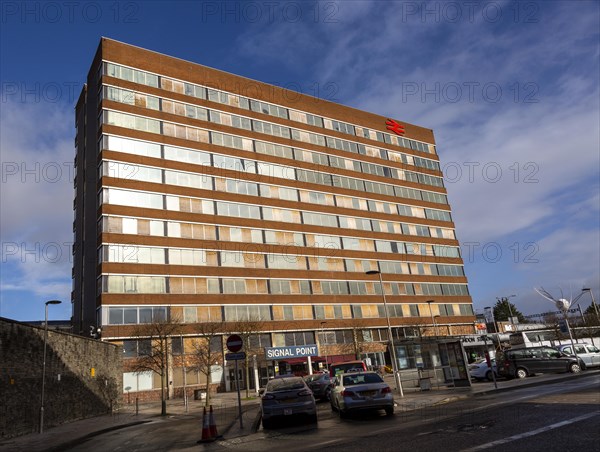 Signal Point disused 1970s office block building above railway station, Swindon, Wiltshire,
