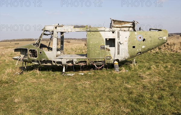 Westland Lynx helicopter wreck at Copehill Down FIBUA village military training area, Fighting In