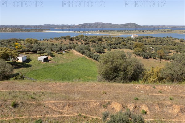 Landscape view northwards towards hills and Monsaraz from Mourao, Alentejo Central, Evora district,
