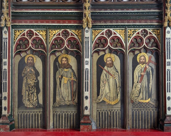 Victorian rood screen paintings of saints, Bildeston church, Suffolk, England, UK, St John, St