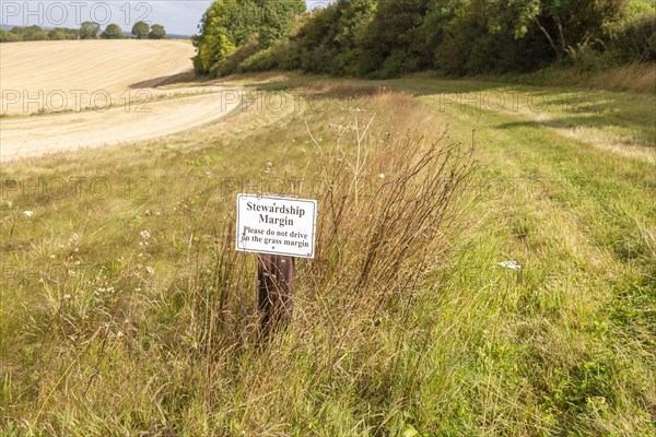 Sign for stewardship margin conservation strip of land in arable field, Inkpen Hill, Berkshire,