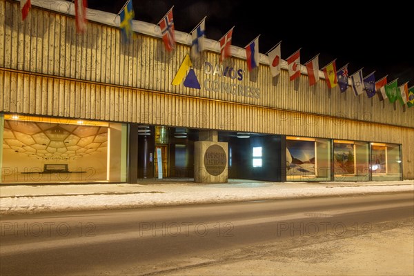 The congress centre in Davos, Switzerland, venue of the annual World Economic Forum (WEF) at night,