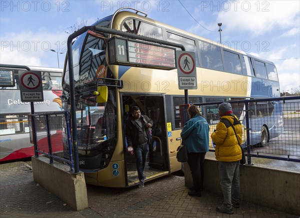 Buses at bus station in town centre, Swindon, Wiltshire, England, UK
