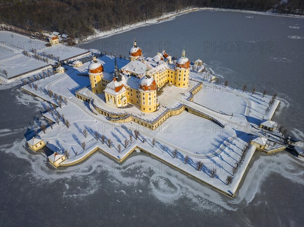 Moritzburg Castle on the castle island surrounded by the frozen castle pond, Moritzburg, Saxony,