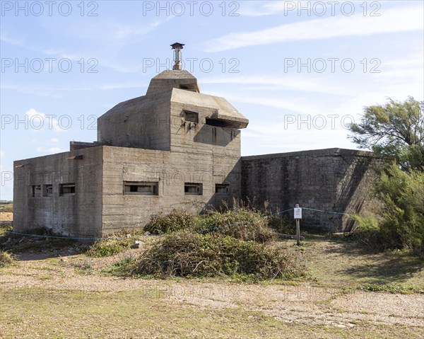 Second world war concrete bunker pill box defencing entrance at Landguard, Port of Felixstowe,