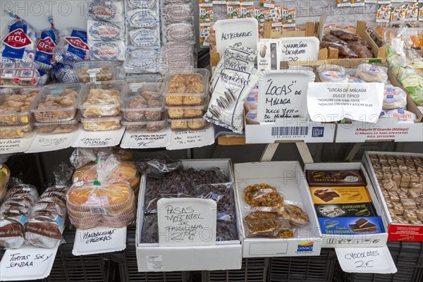 Display of local food specialities on sale outside shop, Frigiliana, Axarquia, Andalusia, Spain,