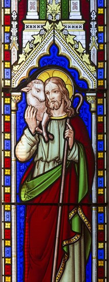 Jesus Christ the Good Shepherd, stained glass window circa 1846 thought to be by Wailes, church of