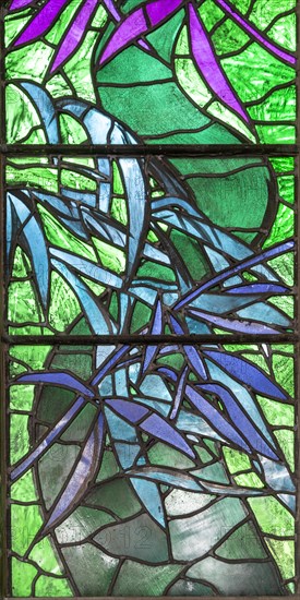Detail stained glass window Benjamin Britten memorial by John Piper, Aldeburgh, Suffolk, England,