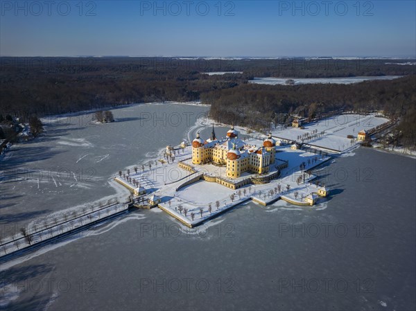 Moritzburg Castle on the castle island surrounded by the frozen castle pond, Moritzburg, Saxony,