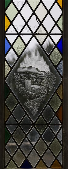 Modern glass engraving inside church of Saint Peter, Milton Lilbourne, Wiltshire, England, UK