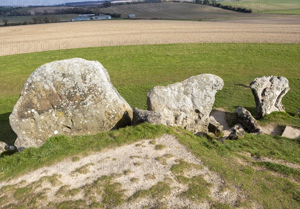 Large standing stones at the entrance to Neolithic long barrow at West Kennet, Wiltshire, England,