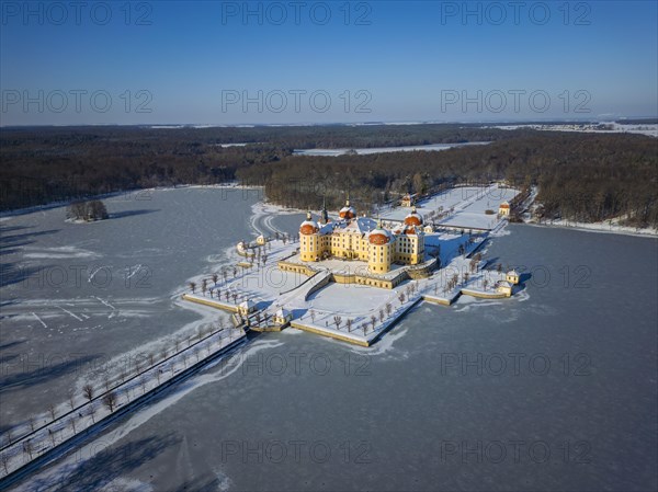 Moritzburg Castle on the castle island surrounded by the frozen castle pond, Moritzburg, Saxony,
