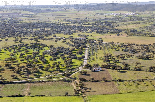 View over landscape from village of Monsaraz, Alto Alentejo, Portugal, southern Europe view north