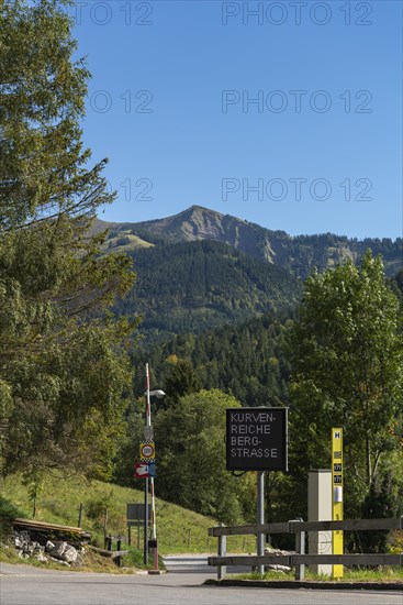 Mountain village Ebnit, municipality Dornbirn, Bregenzerwald, alpine view, traffic sign, winding