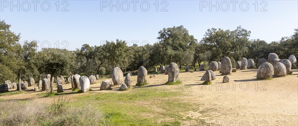 Neolothic stone circle of granite boulders, Cromeleque dos Almendres, Evora district, Alentejo,