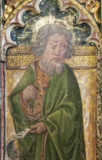 Medieval paintings of saints on rood screen inside church of Saint Andrew, Bramfield, Suffolk,