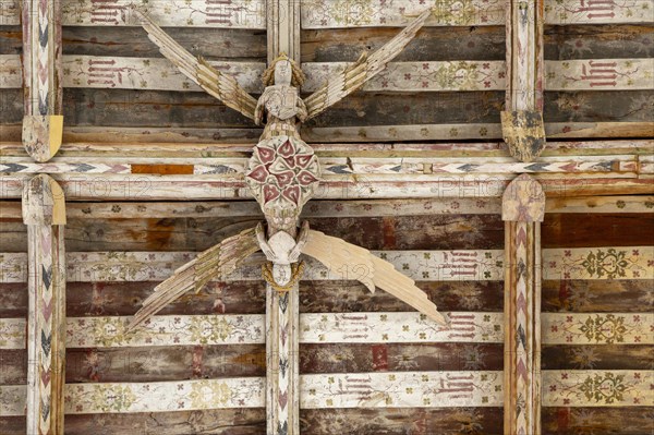 Carved wooden angels in hammer beam roof of Holy Trinity church, Blythburgh, Suffolk, England, UK