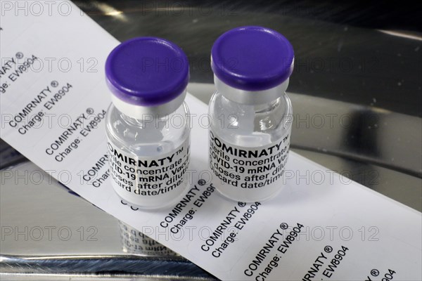 Vials with Biontech Pfizer active ingredient Comirnaty with manufacturer's batch number, Rathenow,