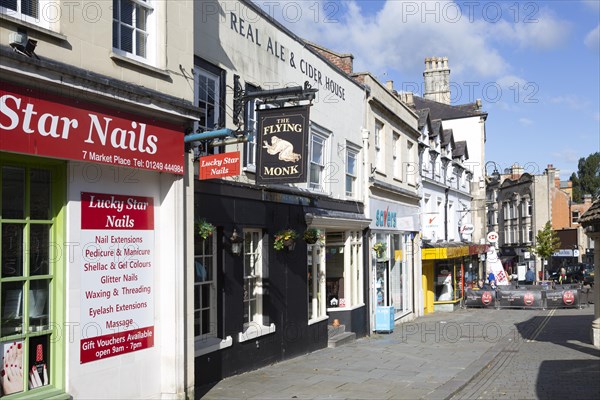 The Flying Monk tavern pub and historic buildings in town centre of Chippenham, Wiltshire, England,