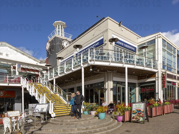Leisure buildings and restaurants Cardiff Bay redevelopment at Mermaid Quay, Cardiff, South Wales,