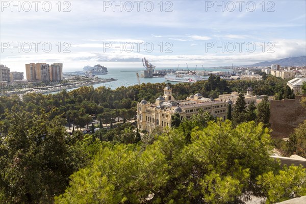 Cityscape view over city centre and dock area Malaga, Andalusia, Spain, Trasmediterranea ferry in