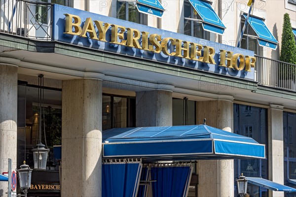 Hotel Bayerischer Hof, entrance with gold lettering and canopy, luxury hotel, venue of the Munich