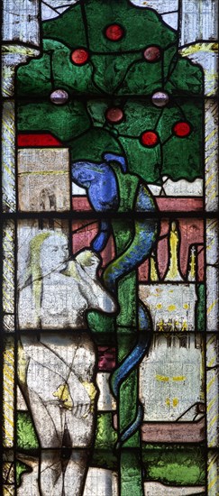 Sixteenth century stained glass windows inside church of Saint Mary, Fairford, Gloucestershire,