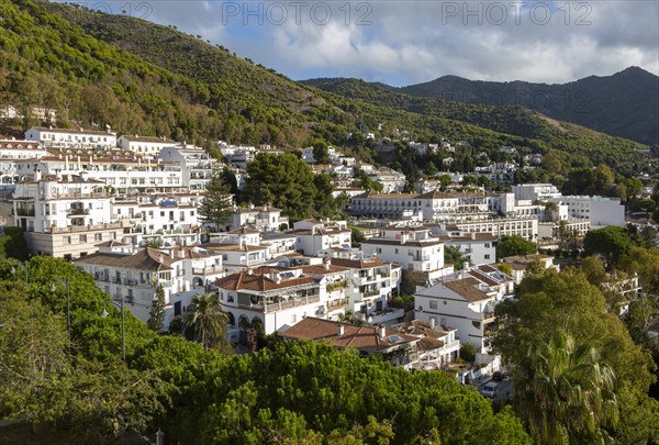 View over whitewashed buildings in village of Mijas, Costa del Sol, Malaga province, Andalusia,