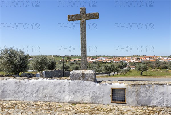 View of buildings rural country village from church Igreja Santa Barbara de Padroes, near Castro