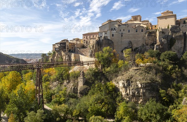 Puente de San Pablo bridge over Huecar river, Cuenca, Castille La Mancha, Spain historic houses on