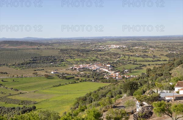 View over landscape from village of Monsaraz, Alto Alentejo, Portugal, southern Europe view north