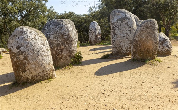 Neolothic stone circle of granite boulders, Cromeleque dos Almendres, Evora district, Alentejo,