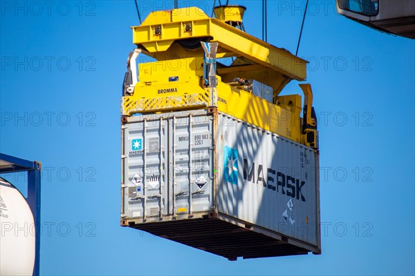 A Maersk Line container is loaded in the port of Mannheim, Germany. Supply bottlenecks and a sharp