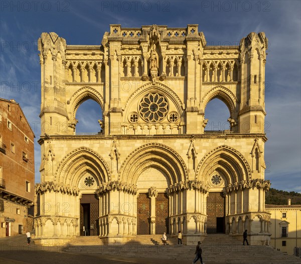 Frontage of cathedral church building, Cuenca, Castille La Mancha, Spain, Gothic architecture,
